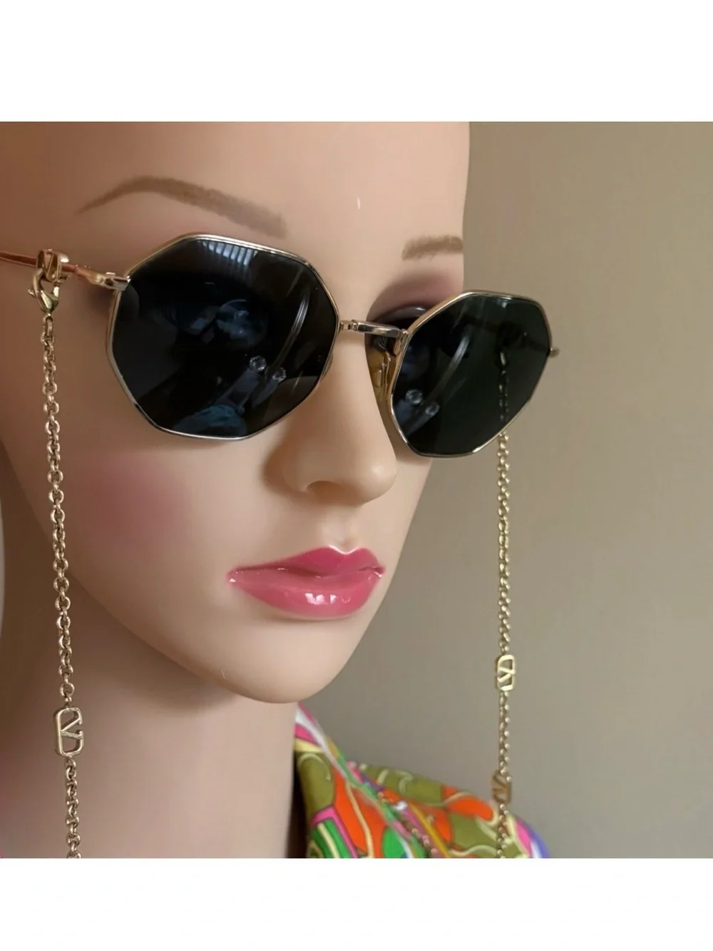 Valentino Garavani Octagonal Metal Sunglasses with a gold Vlogo chain